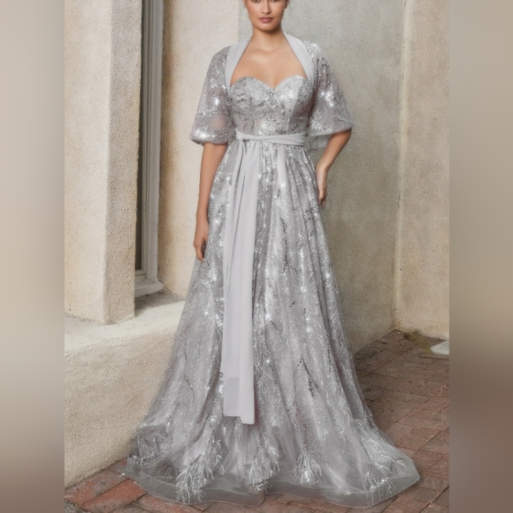 Gold,blue,silver,mauve pink strapless long gown with shawl cape - Picture 6 of 8